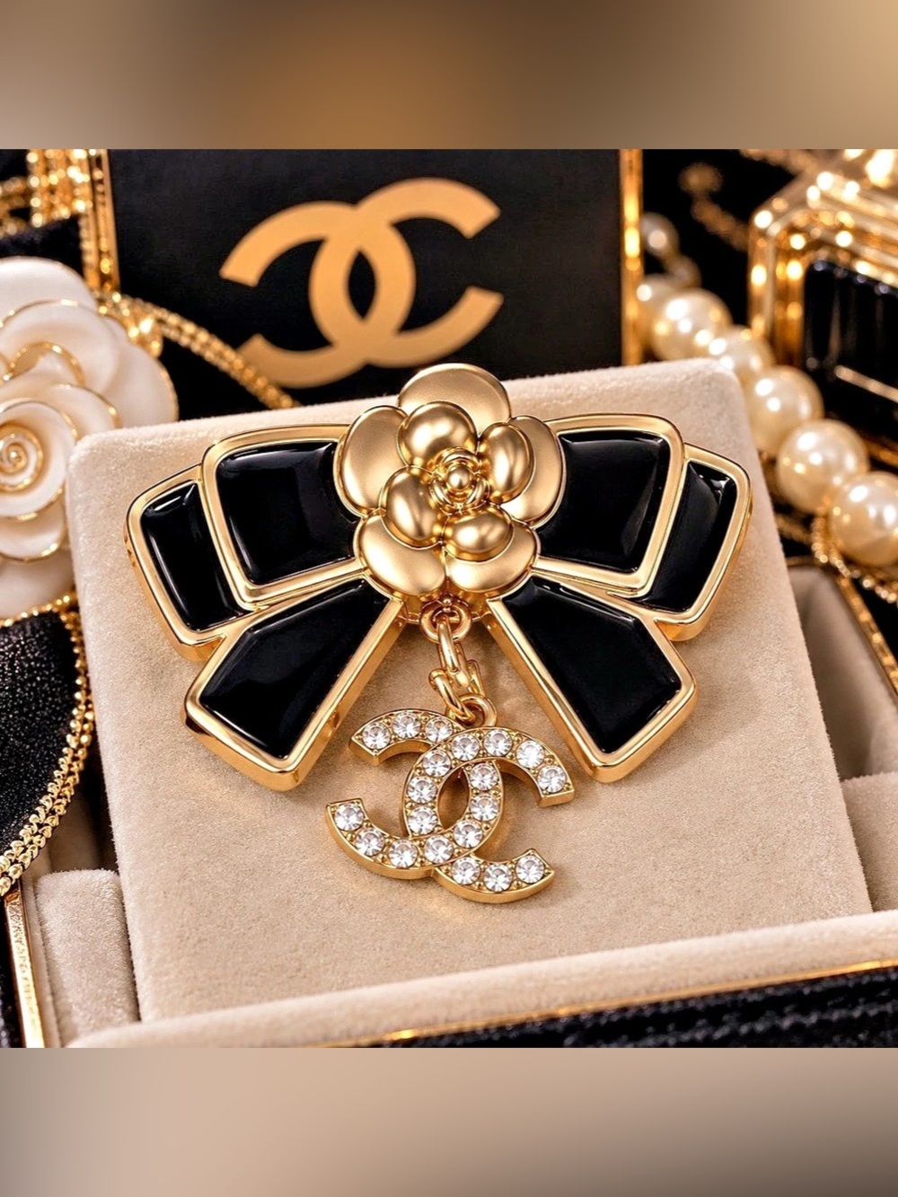 Stamped Chanel Camellia Bow Crystal CC Brooch Black & Gold tone